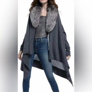 Alice + Olivia Izzy Cascade fox fur collar cardigan grey wool cashmere blend